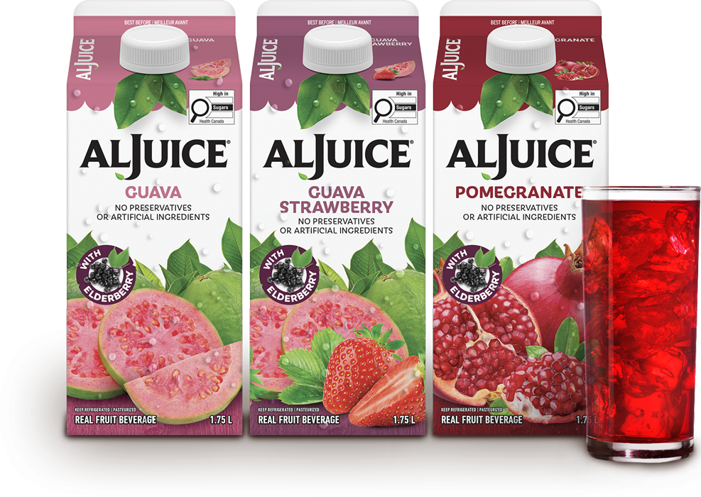 AlJuice Guava, Guava Strawberry and Pomegranate cartons