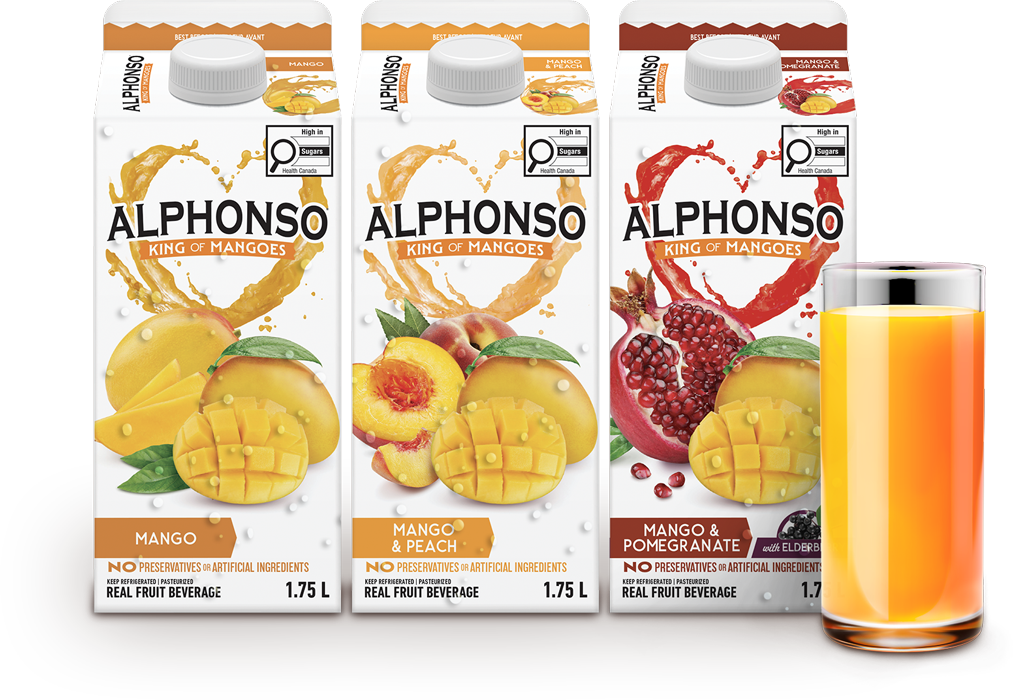 Alphonso Mango, Mango & Peach and Mango & Pomegranate cartons