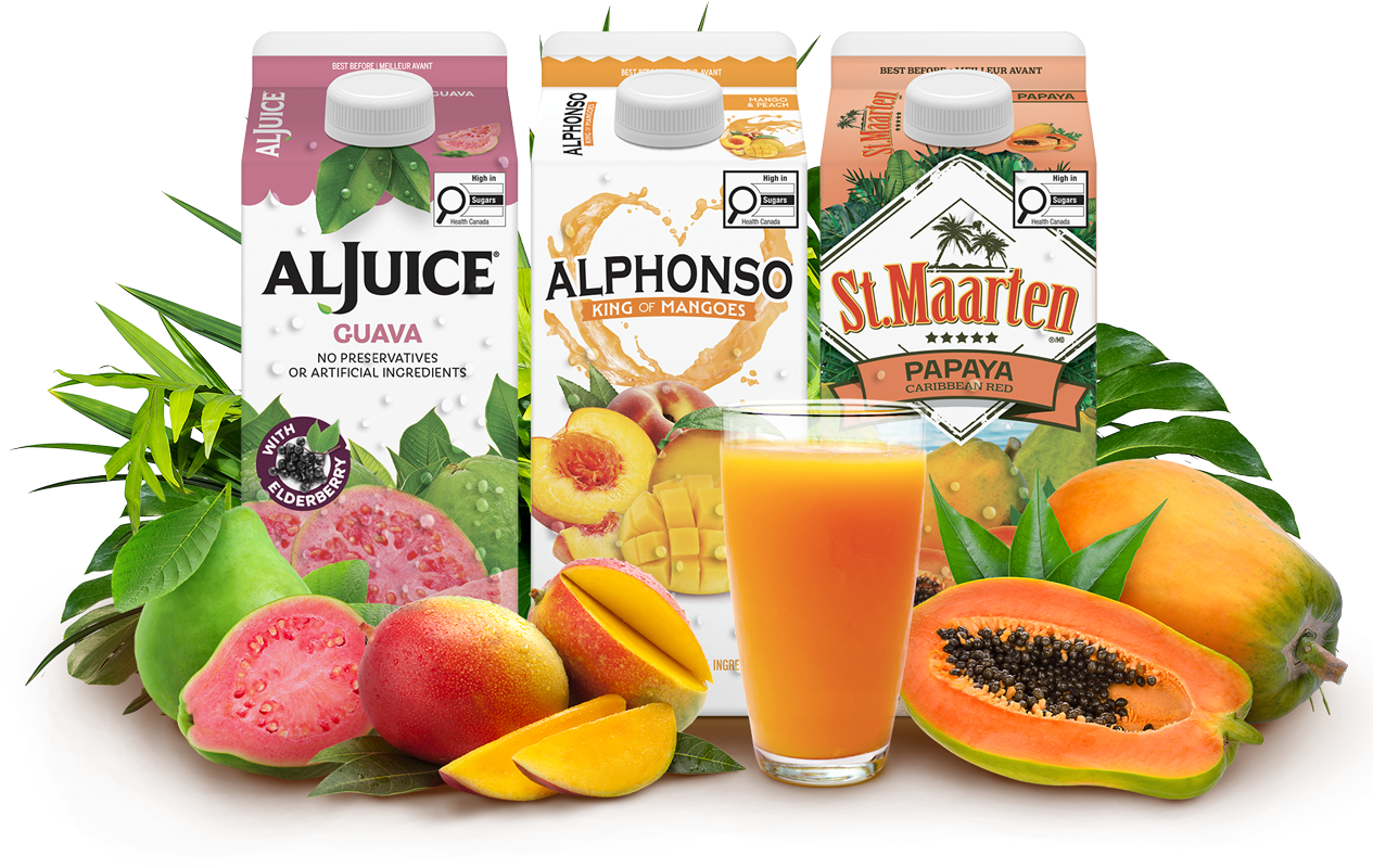 ALL JUICE Co. — AlJuice, Alphonso and St Maarten cartons with fresh fruit